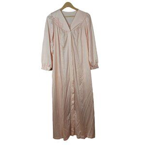 Shadowline Long Robe Pink Large Quilted Flowers Nylon V Neck 3/4 Sleeve Snap VTG